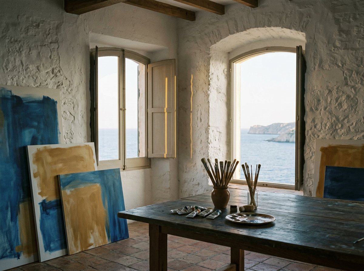 Helles Atelier mit großen abstrakten Leinwänden in Blau und Ocker.